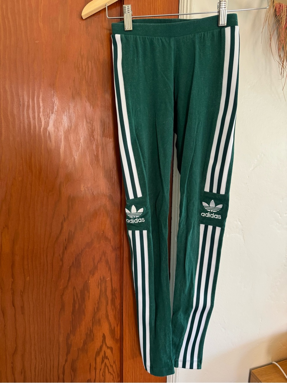 adidas Dark Green Three-Stripe Leggings with Trefoil Logos